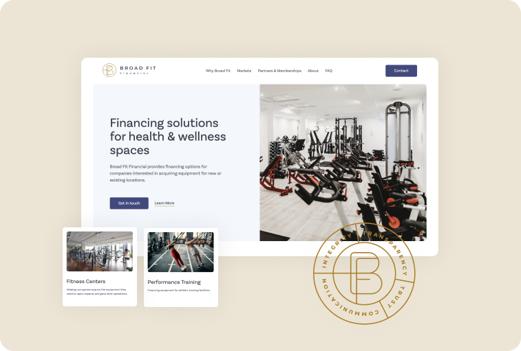Collection of designed website modules and a gold badge design for an equipment financing company.