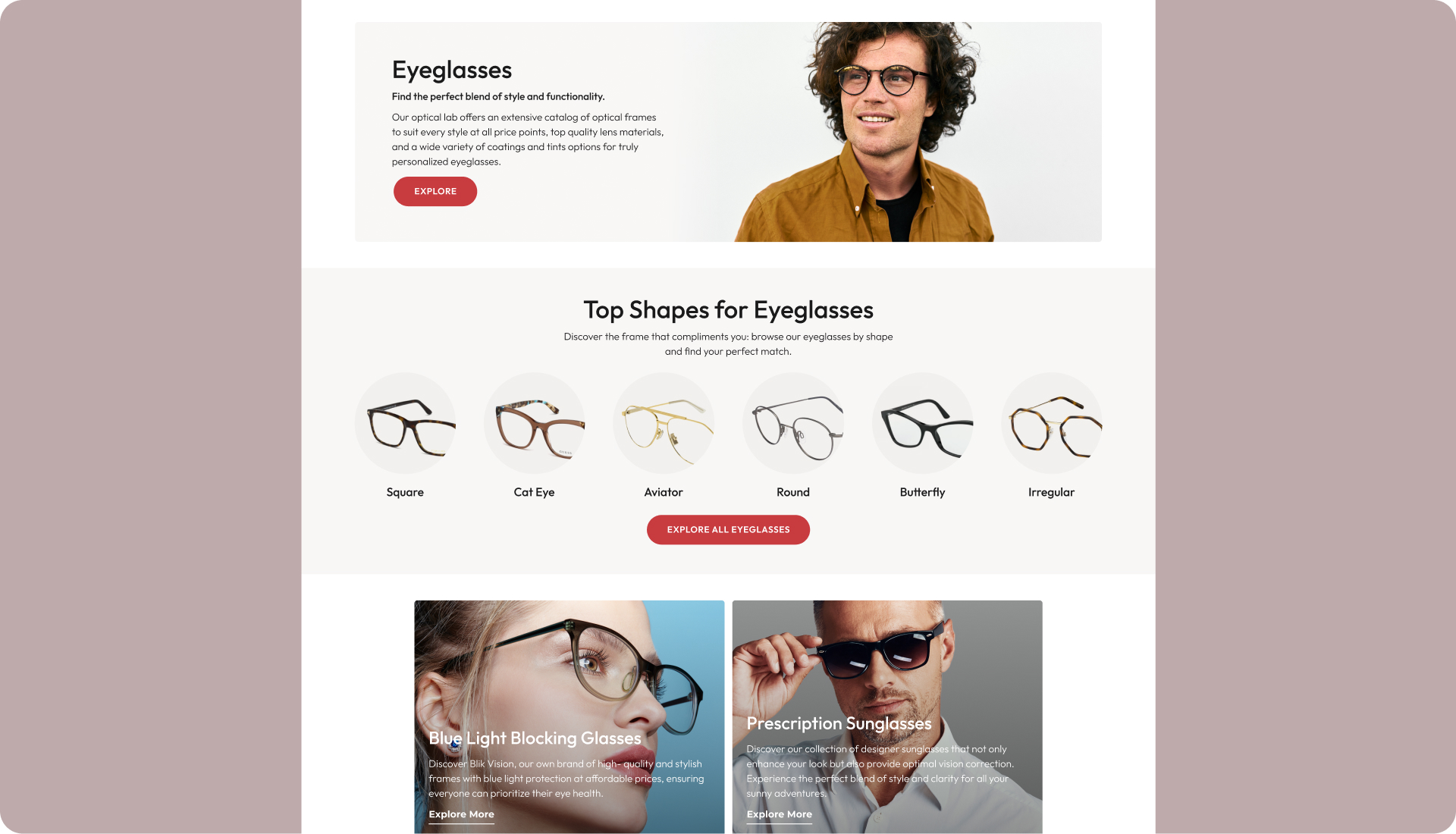 Homepage for Designer Optics.