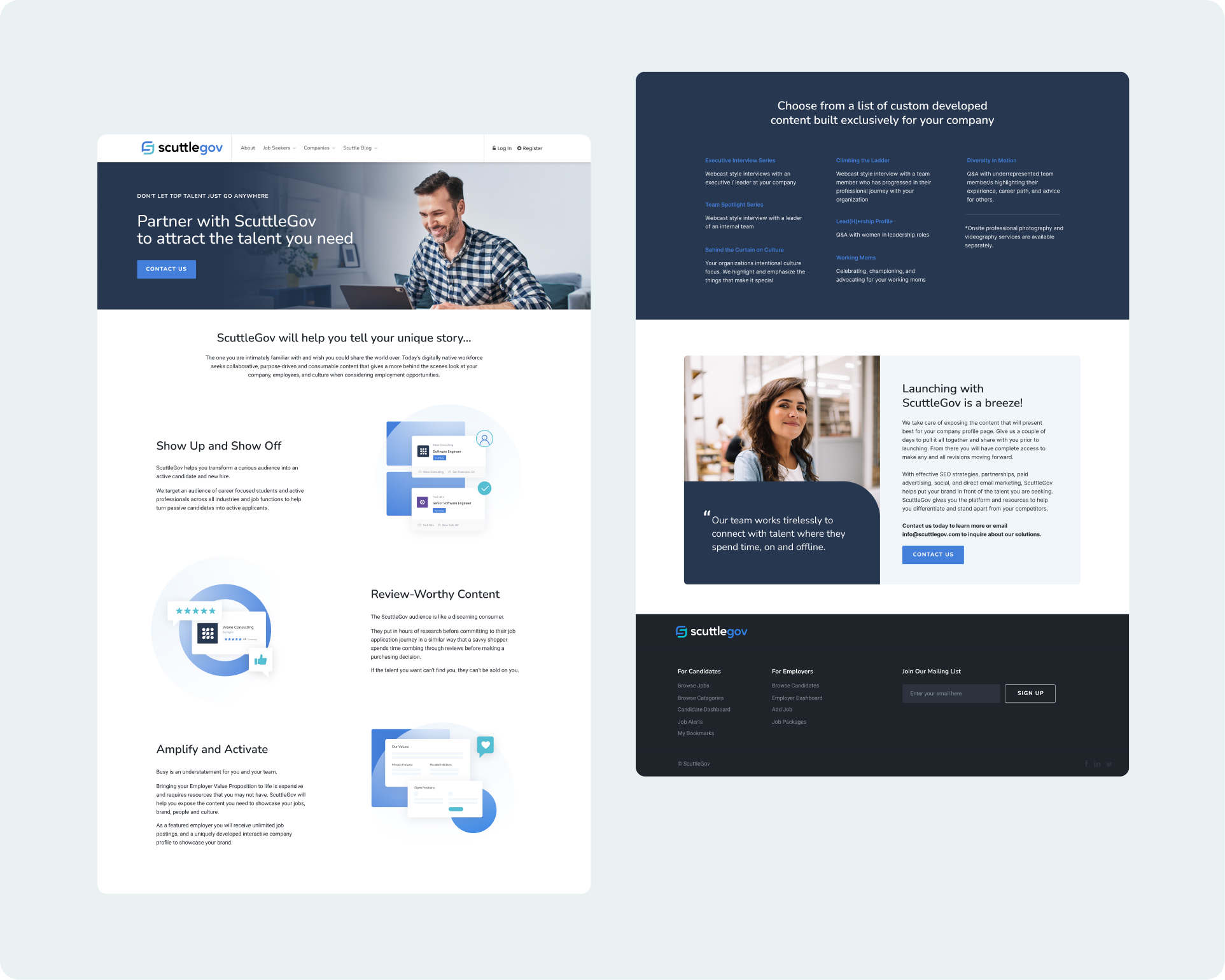 Page designs for a government contracting job platform.