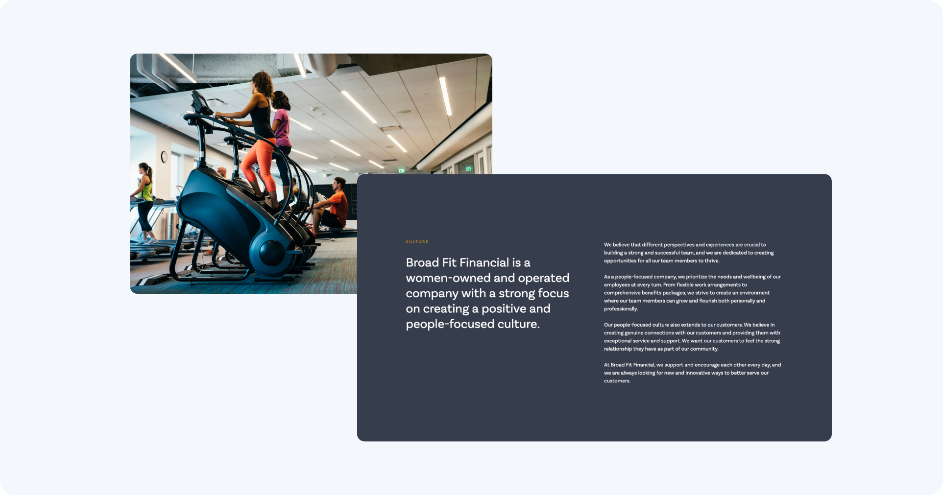 Website module with description of the company and image showing people exercising. 