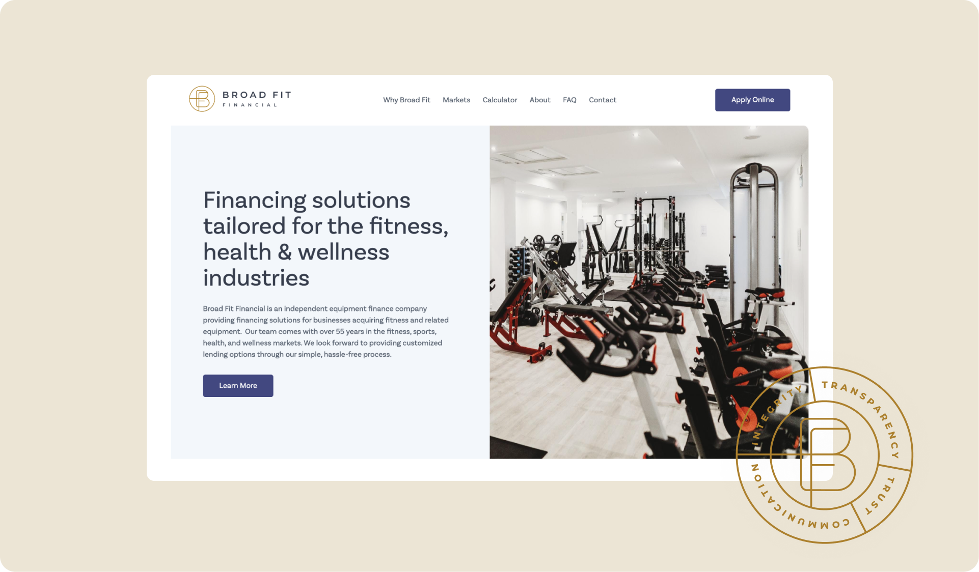 Homepage design showing a top header with a short text about the company and an image of sports equipment.