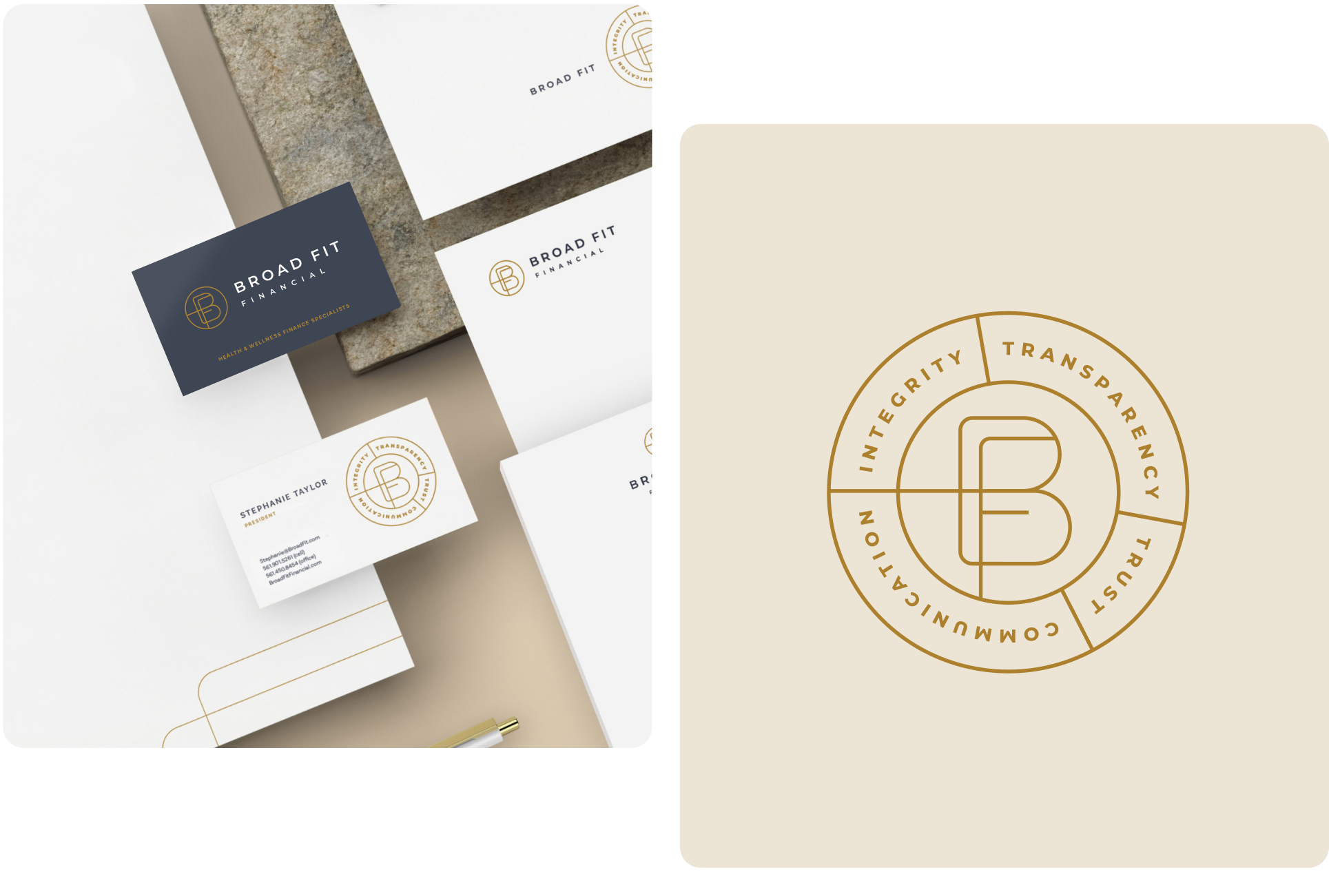Branding and business card design with a gold, beige and dark navy classical color scheme.