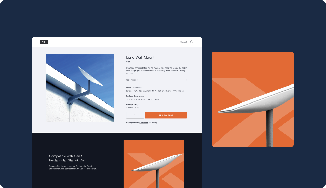 Product page design with multiple sections and an image depicting satellite accessories.