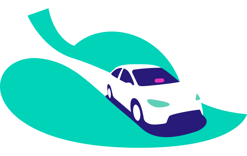 Illustration of car driving on a road that is in the shape of a green leaf, portraying sustainable travel.