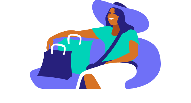 woman in large hat sitting with two bags and seatbelt on illustration