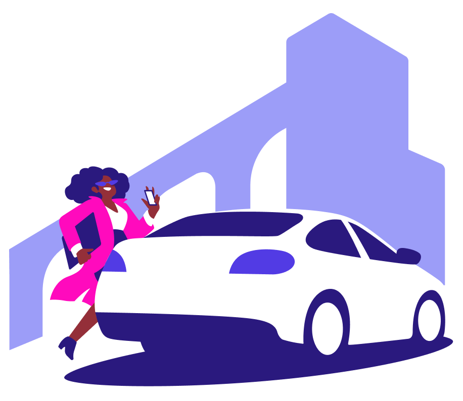 illustration of woman with phone near car with building in background