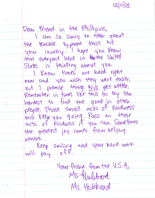 Escrito por la Sra. Hubbard y su clase para el Desafío del Tifón Haiyan.