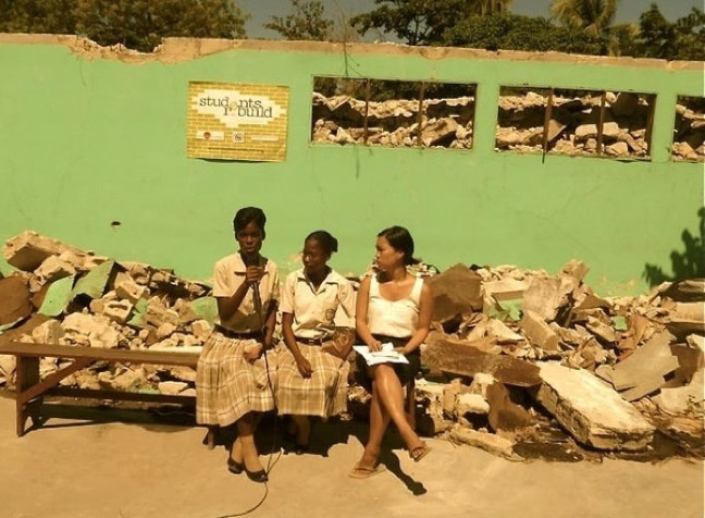 Ginette, Di, and Grace at Students Rebuild's first webcast from the Elie Dubois campus, ruins still standing, in 2010. 