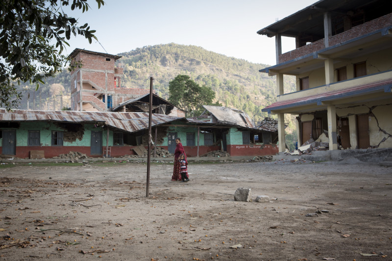 Touring the gounds of a damaged school in Nepal.
