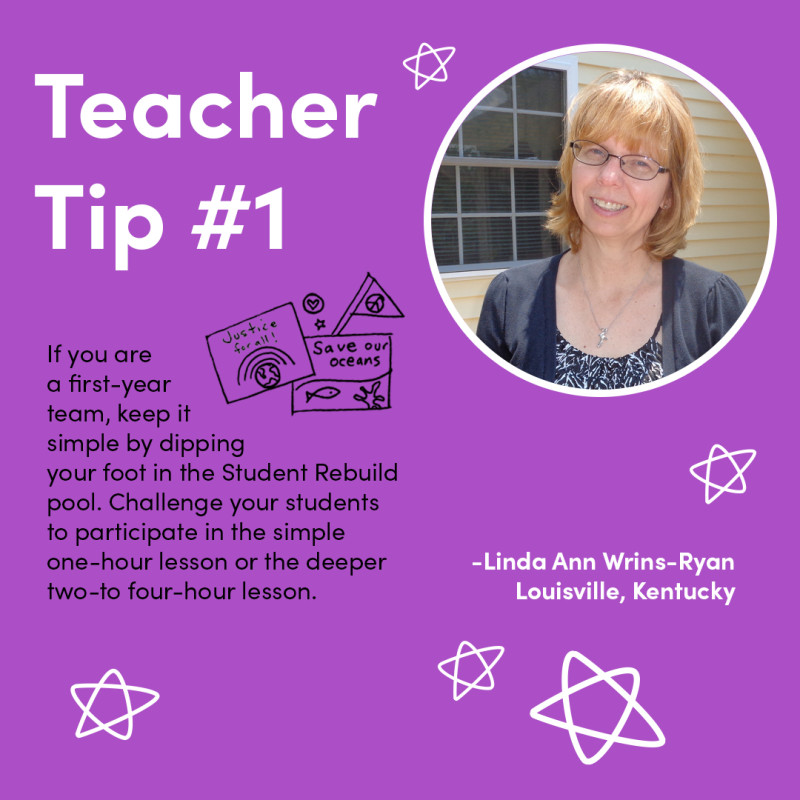 Este año, invitamos a los educadores a compartir formas creativas y prácticas de aplicar la iniciativa Students Rebuild en el aula. La primera es Linda Ann Wrins-Ryan de Louisville, Kentucky. ¡Adelante, Linda Ann! 