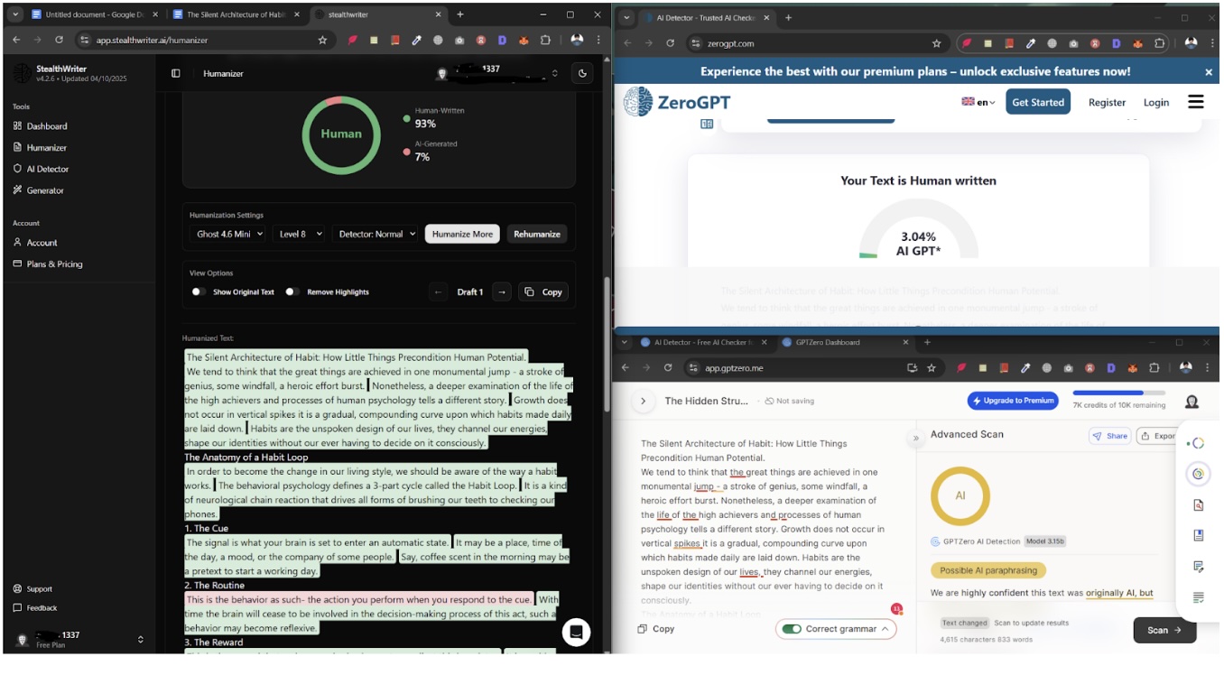 StealthWriter tested against AI Detectors