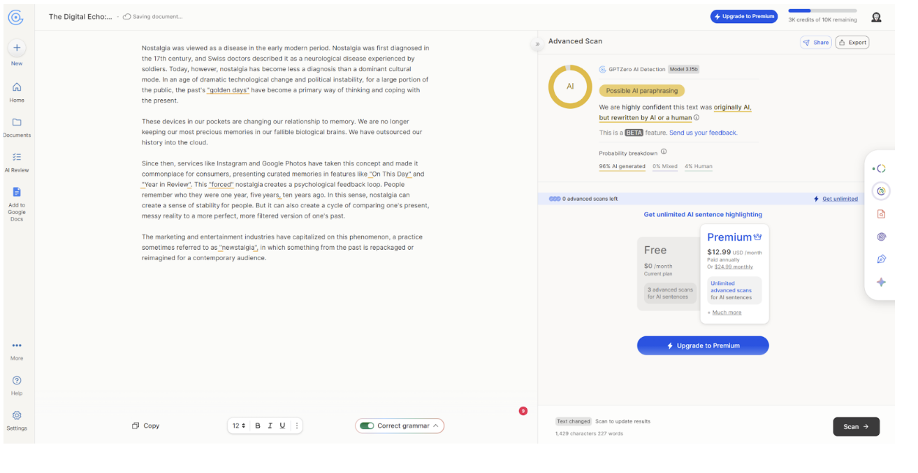 GPTZero AFTER result showing “Possible AI paraphrasing