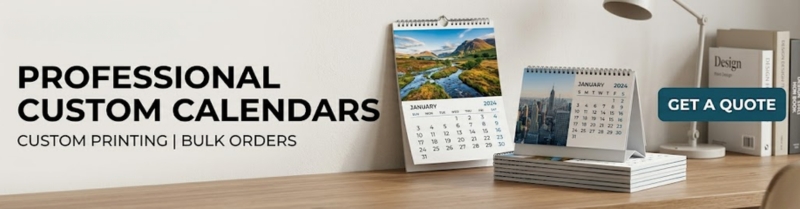 Custom calendar printing banner featuring wall calendars, desk calendars, and daily planners with the text Custom Calendar Printing For Every Business.