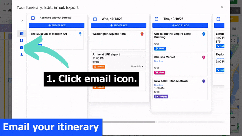An image that shows you how to email your created travel itinerary to any email.