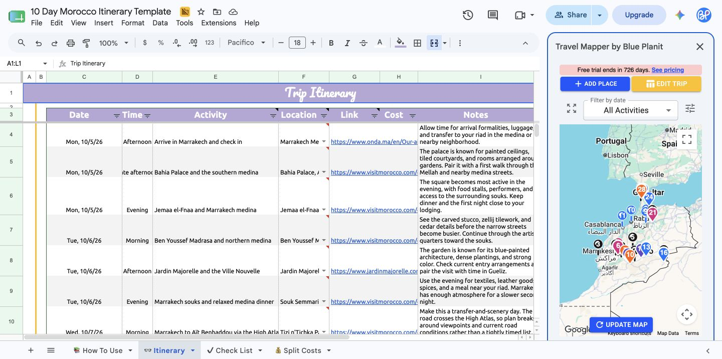 Free Google Sheets Travel Planner & Itinerary Template