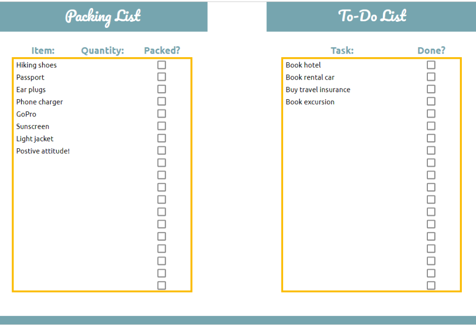 A screenshot of a trip packing list that includes things such as ear plugs and hiking shoes. Also a to do list that includes booking a rental car