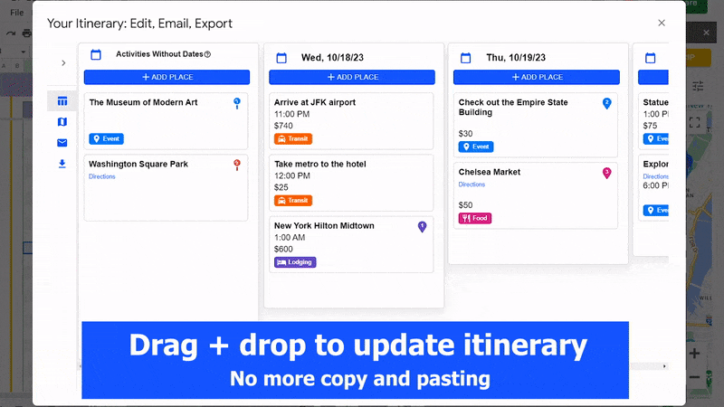 Interactive travel itinerary interface with drag-and-drop function. Includes activities, places, dates, and categories like transit and food, offering user-friendly planning.