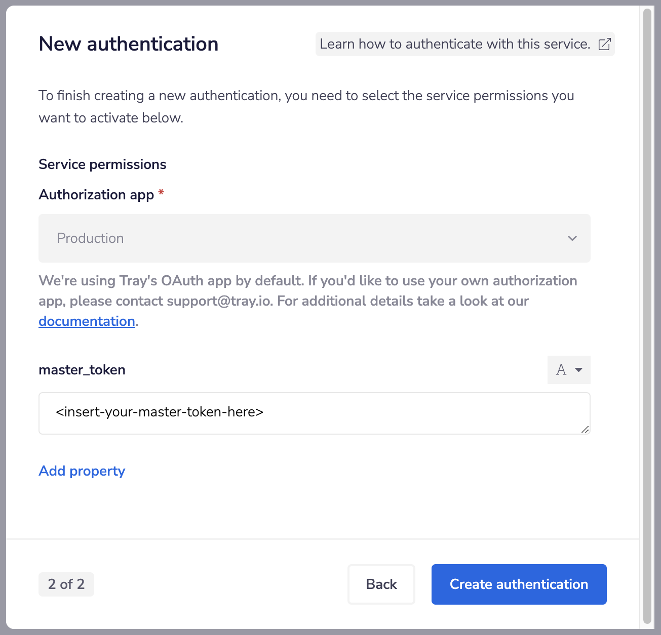 Shows how to add the Generic Auth property for housing the Tray GraphQL Master Token