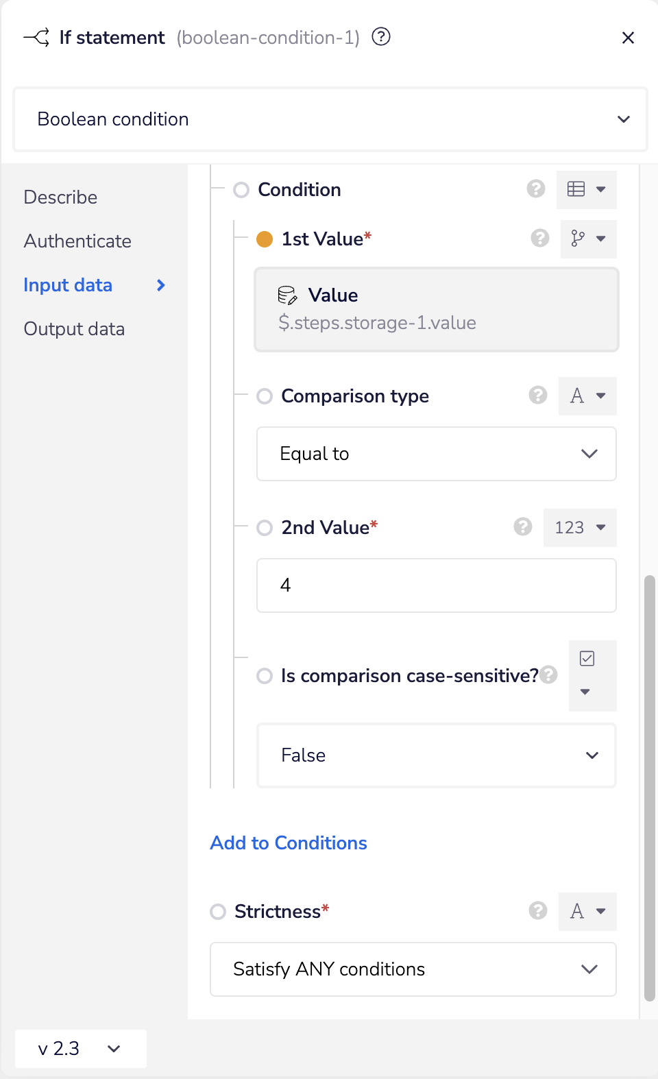 Values stored in Boolean connector to simulate an if statement