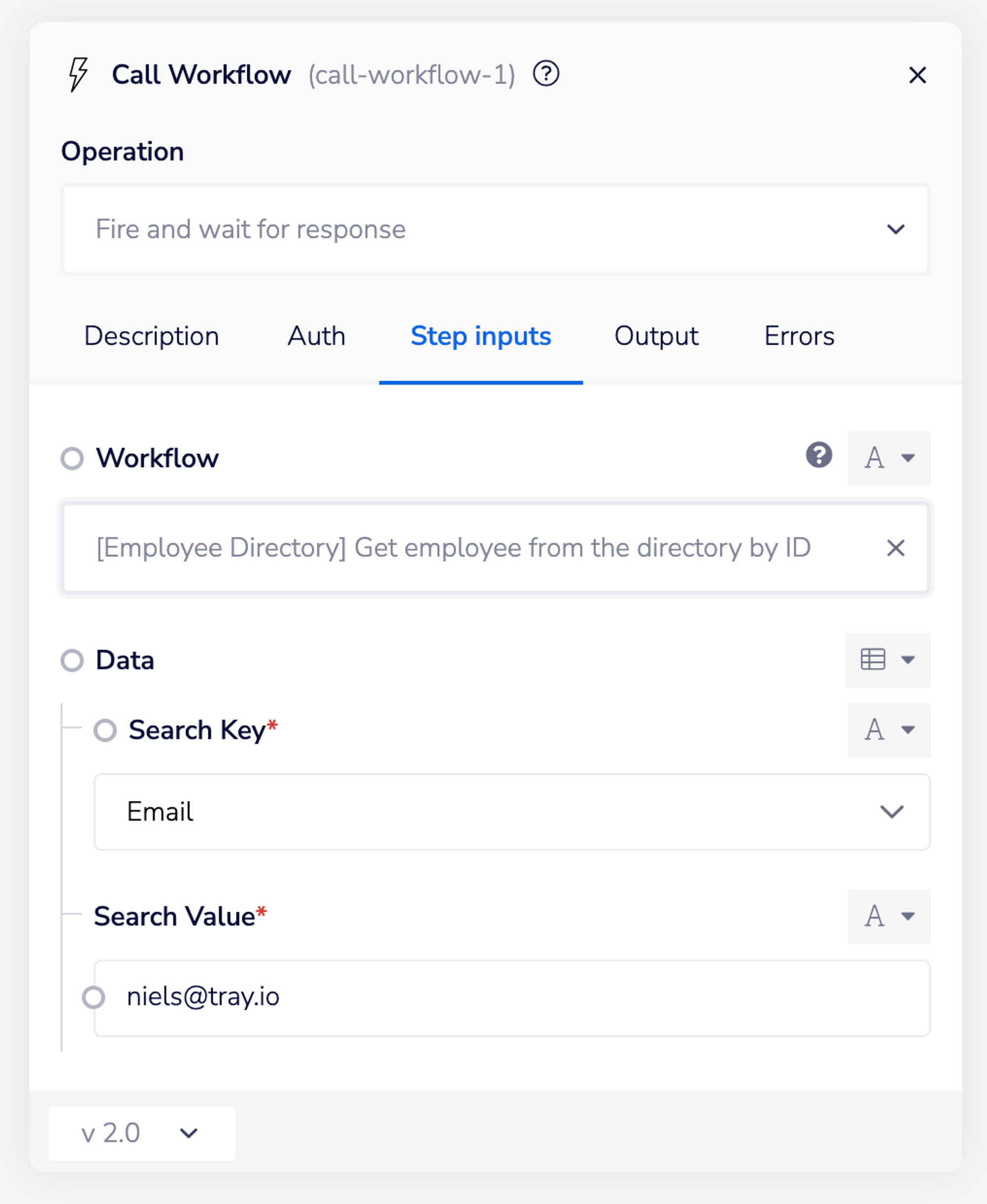 Employee Directory Callable: Lookup by email input schema 