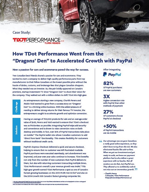 Case study graphic for 'How TDOT Performance Went from the "Dragon' Den" to Accelerated Growth with PayPal'