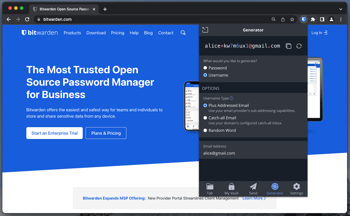 Browser Extension Username Generator