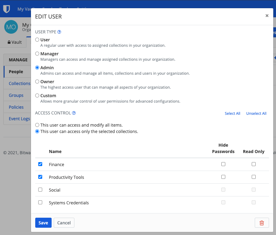 Editing User Types and Access Control