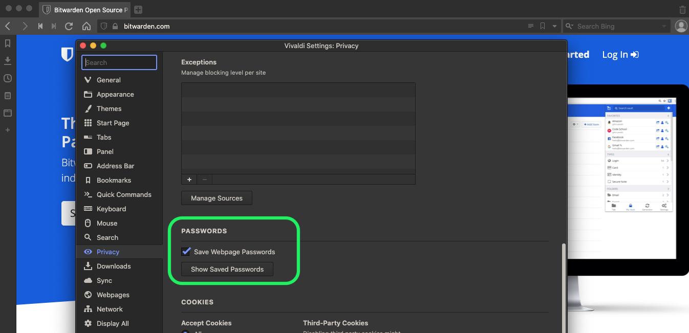 Vivaldi Password Options