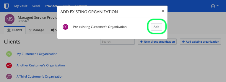 Confirm Add Existing Client