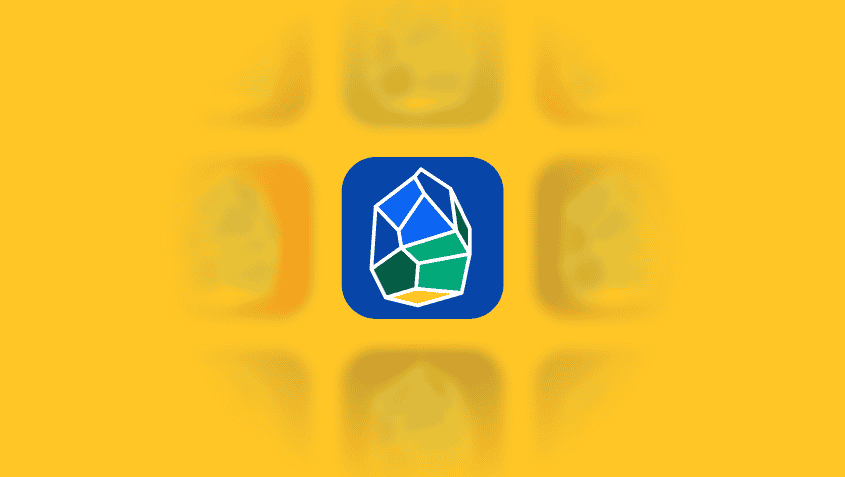 Mobile web app icon for Plethora Exploration Corp featuring a stylized crystal logo in green, white, and yellow on a blue background, centered on a yellow background with subtle app-like icons.