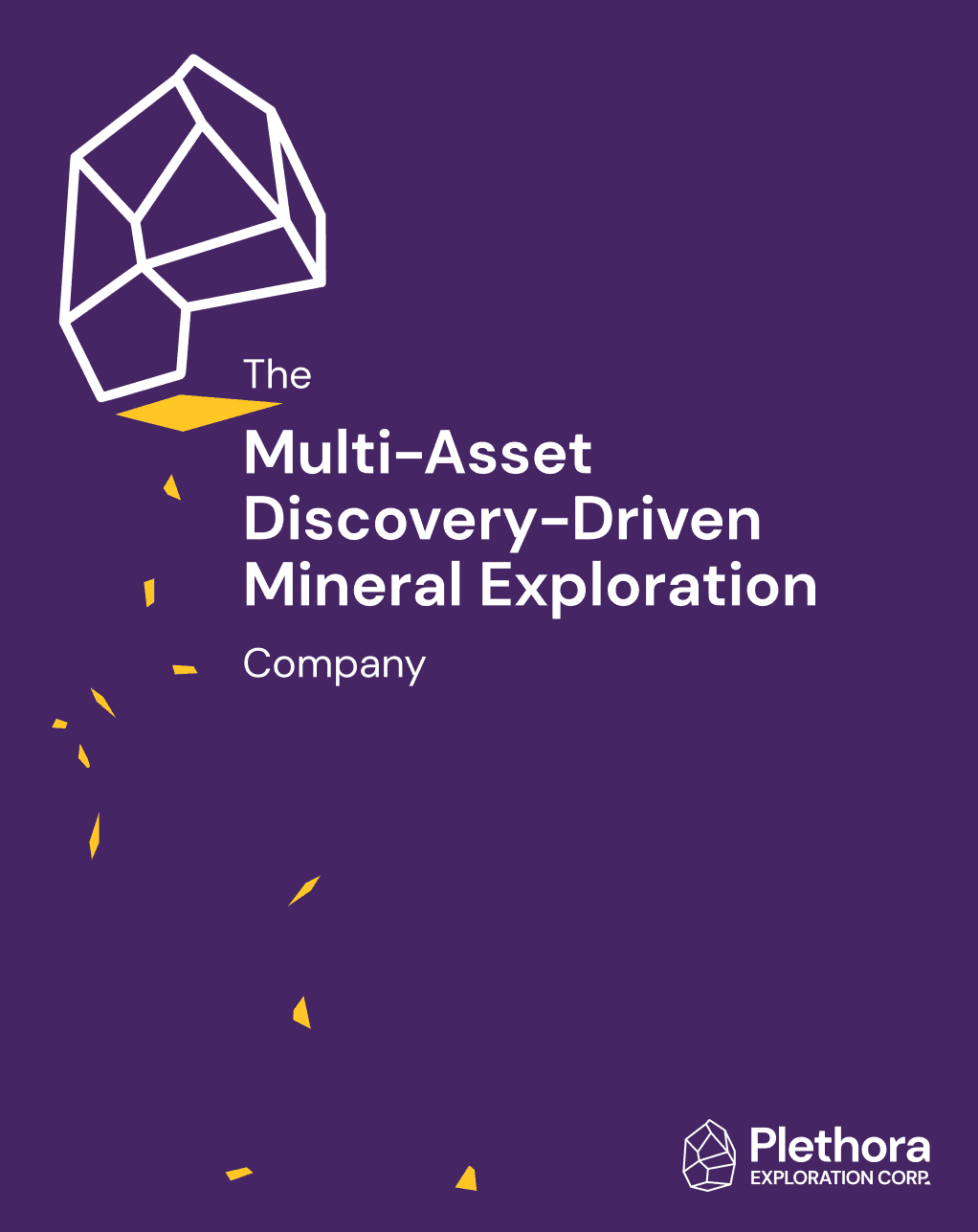 Logo of Plethora Exploration Corp with a geometric crystal icon in white and yellow on a purple background. Text reads 'The Multi-Asset Discovery-Driven Mineral Exploration Company' beneath the crystal