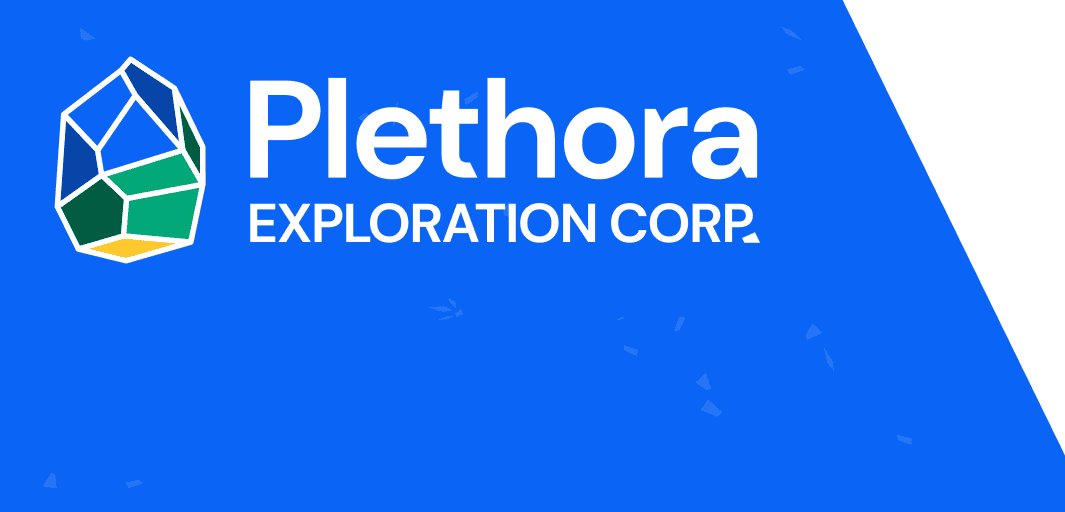 Logo of Plethora Exploration Corp, featuring a stylized geometric crystal in green, white, and yellow, on a bright blue background.