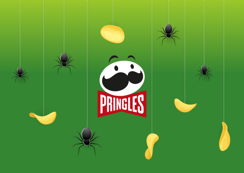Pringles logo with spiders and chips hanging from webs [Thumbnail]