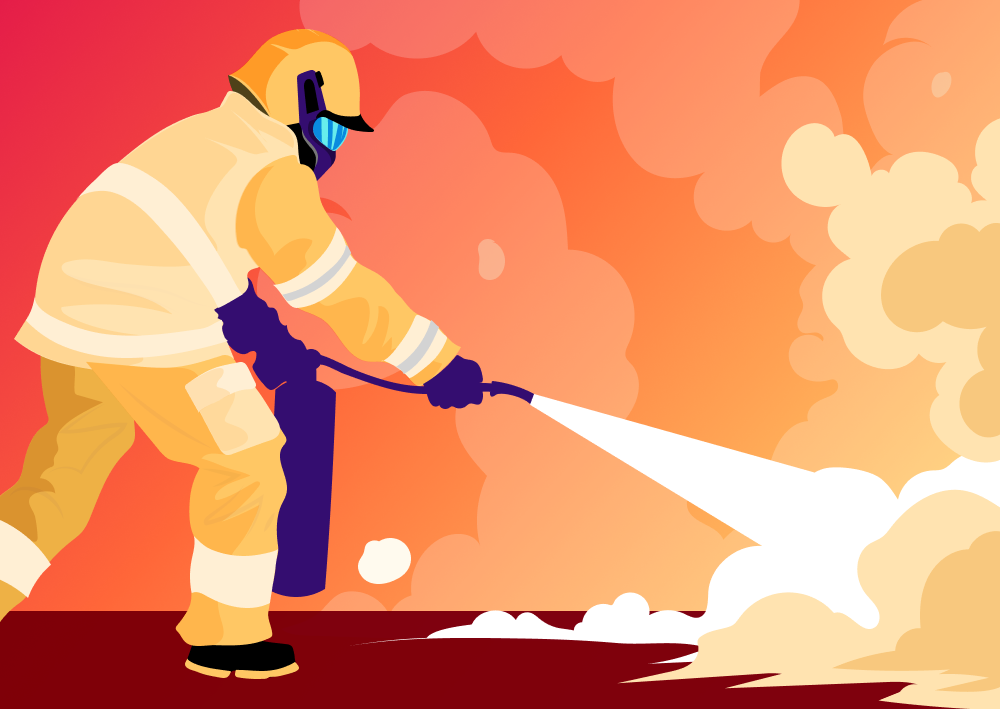 Illustration of a firefighter putting out a fire (Thumbnail)