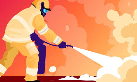 Illustration of a firefighter putting out a fire (Thumbnail)