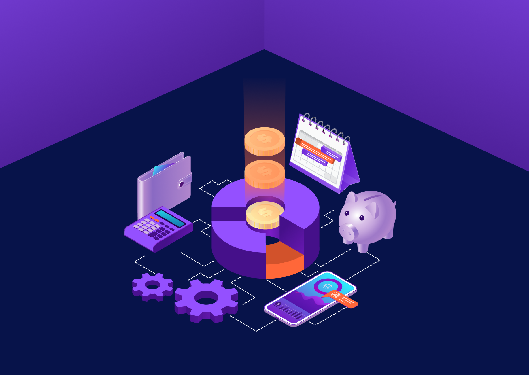 Illustration of a piggy bank, charts, and gears (Thumbnail)