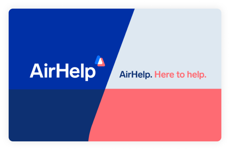 Airhelp logo in a multicoloured background with text Airhelp. Here to help