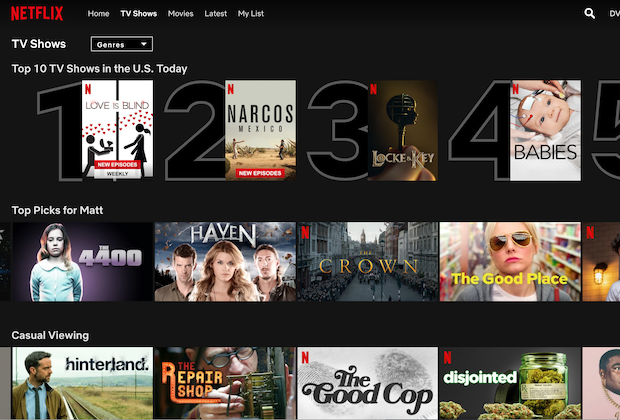 Screenshot of Netflix top tv shows in the US today list