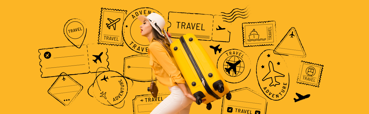 Woman carrying a suitcase on a yellow background [Cover image]