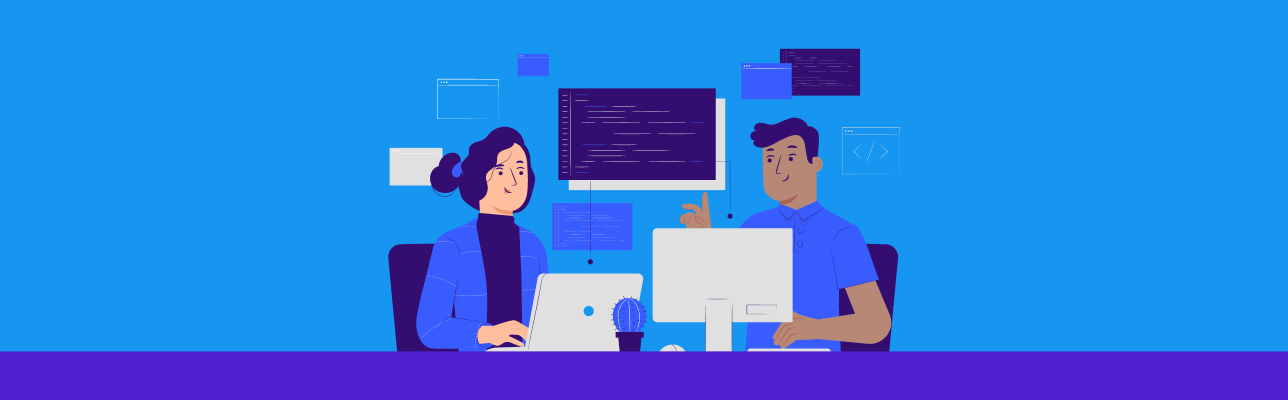 Illustration of two people sitting at computers (Cover Image)