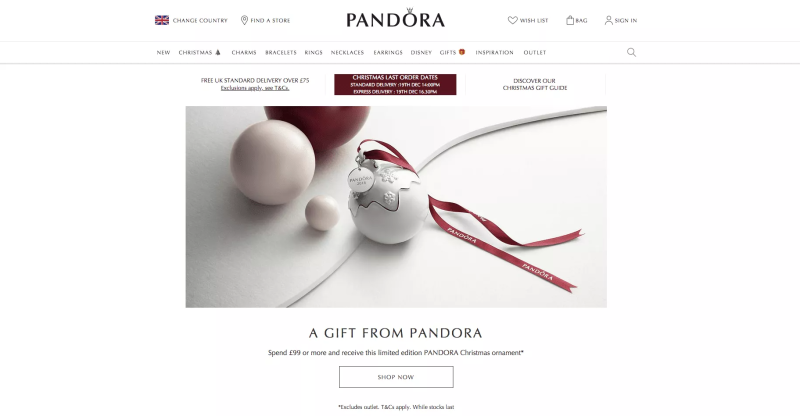 Screenshot of Pandora Christmas website [Article Image]