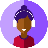 Round framed illustration of a woman with headphones on a purple background