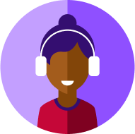 Round framed illustration of a woman with headphones on a purple background