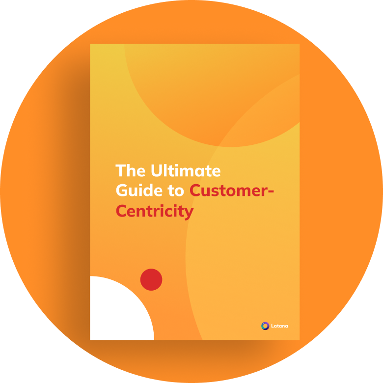 Rounded illustration of an Orange yellow book with tittle The ultimate Guide to Customer-Centricity in orange background