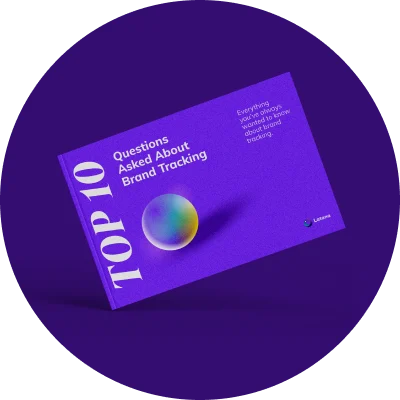 Round framed purple book with a title of TOP 10 Questions asked about brand tracking on a purple background