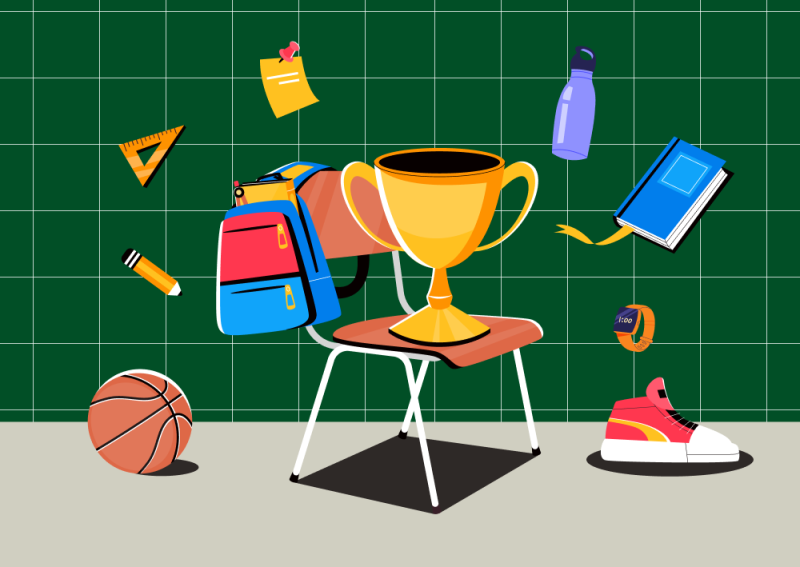 Illustration of a trophy on a chair with floating items surrounding (thumbnail)