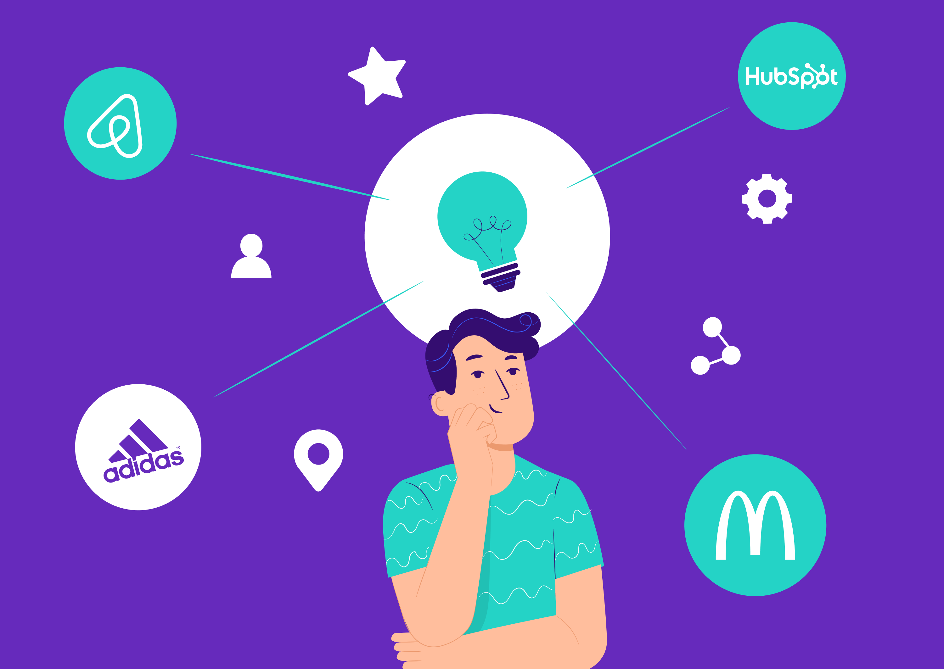 Man with brand logos above his head