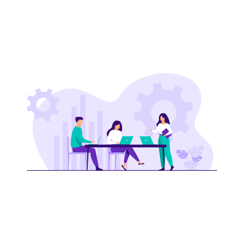 Illustration of Three people sitting at a table with laptops