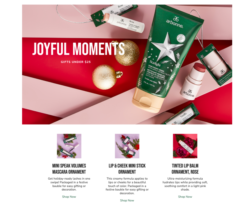 Screenshot of Arbonne's Christmas offerings [Article Image]