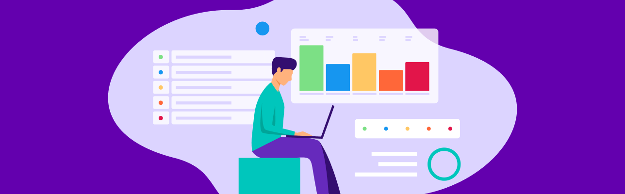 Illustration of a man sitting with a laptop and charts in the background (Cover Image)